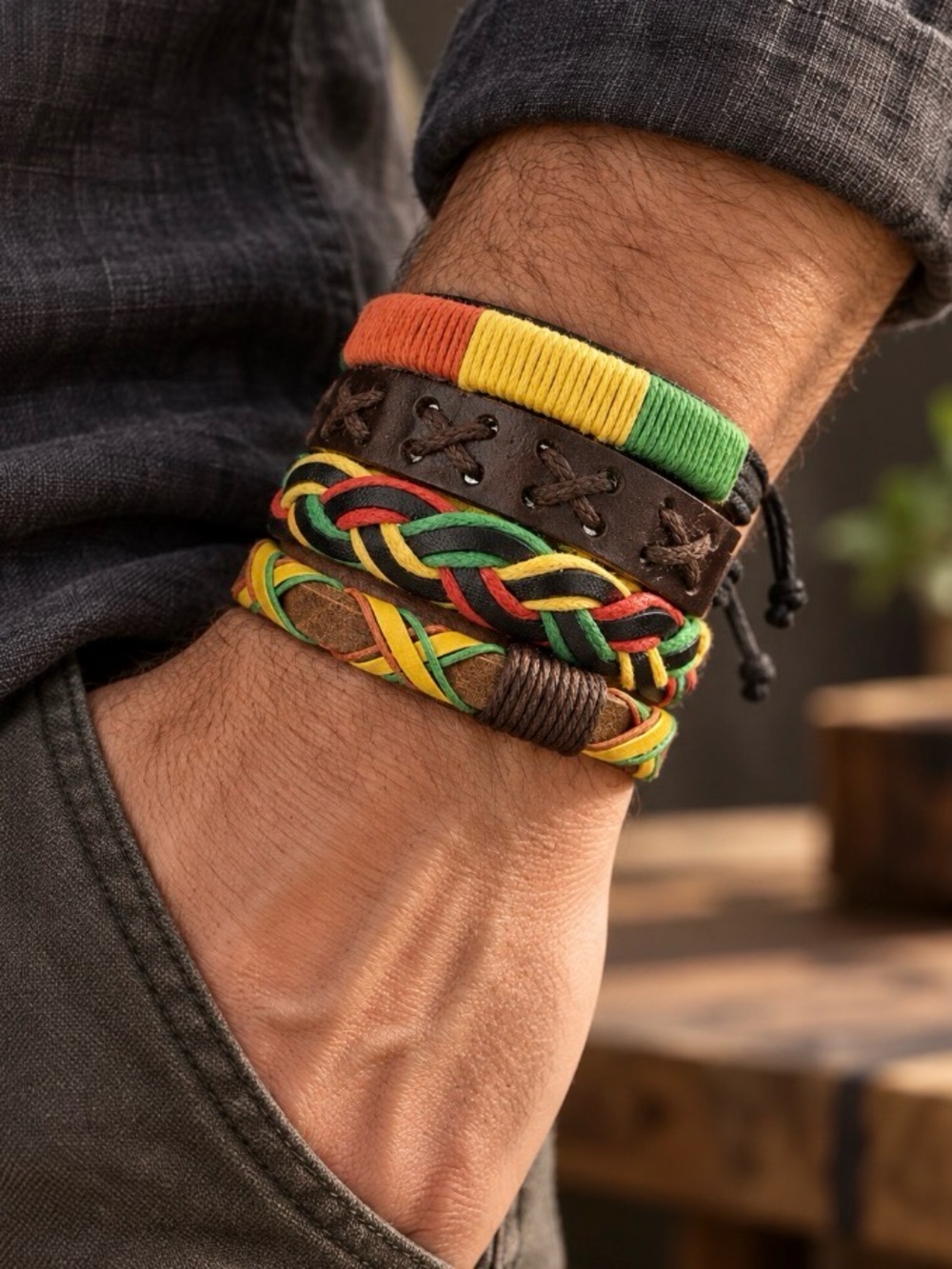 Men's Multi-Color Braided Leather Bracelet Set - Casual Wristband Handmade